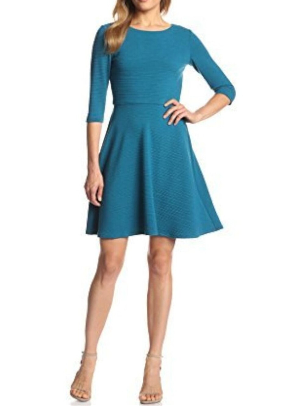 Donna Morgan Teal Blue Textured Knit Fit & Flare Dress Size 6 Work Cocktail